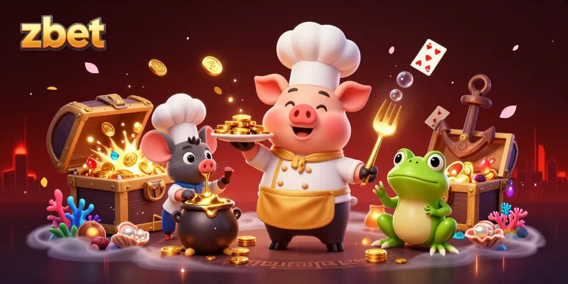 Win big at zbet with gold coins served by a chef pig in a vibrant casino scene