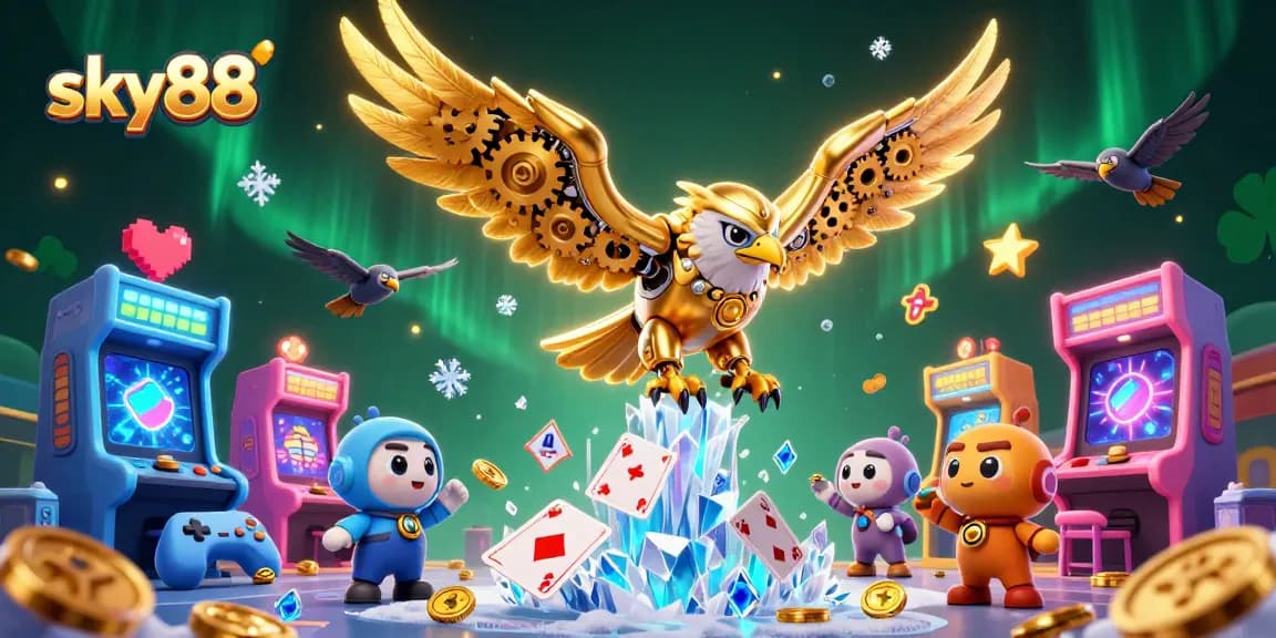 Experience thrill at sky88 with a dynamic golden eagle amidst glowing arcade machines and vibrant game elements.