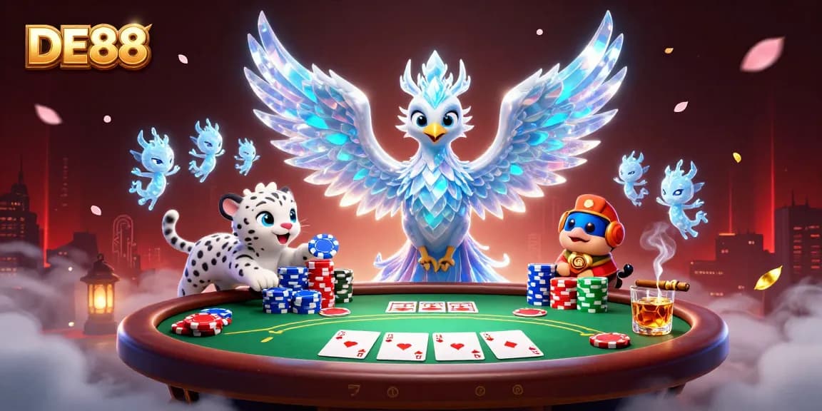 Experience thrilling poker action at DE88 with a vibrant, dynamic scene filled with gaming elements.