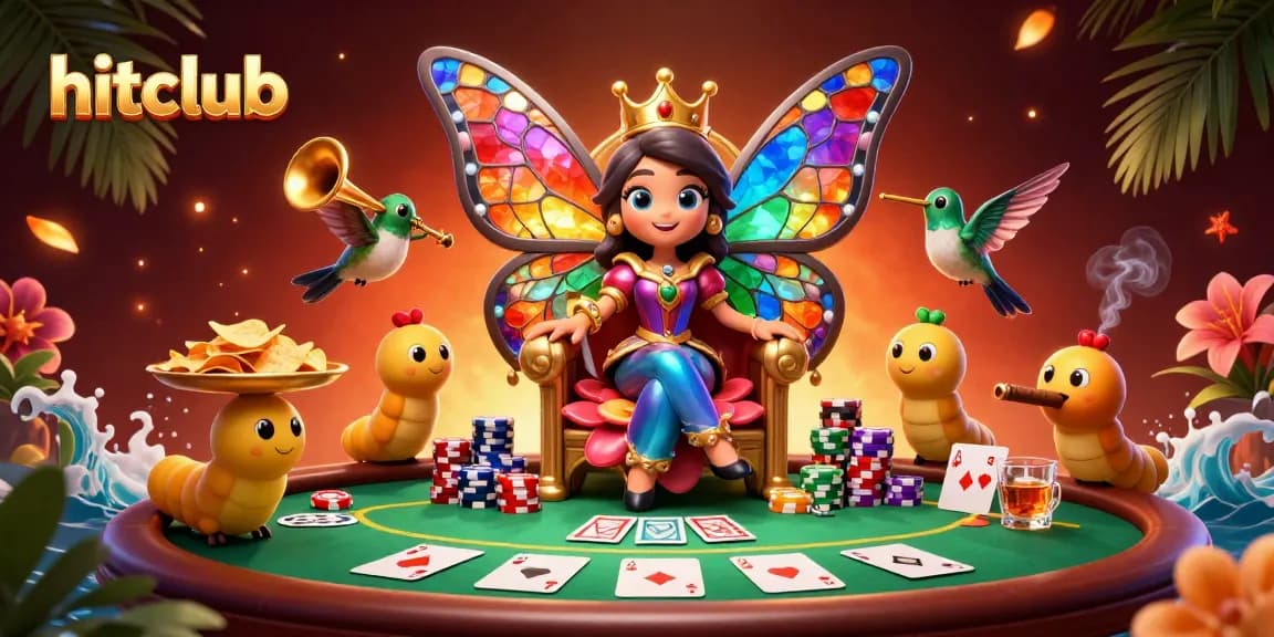 Engage with hitclub's vibrant casino atmosphere featuring a butterfly queen and poker excitement.