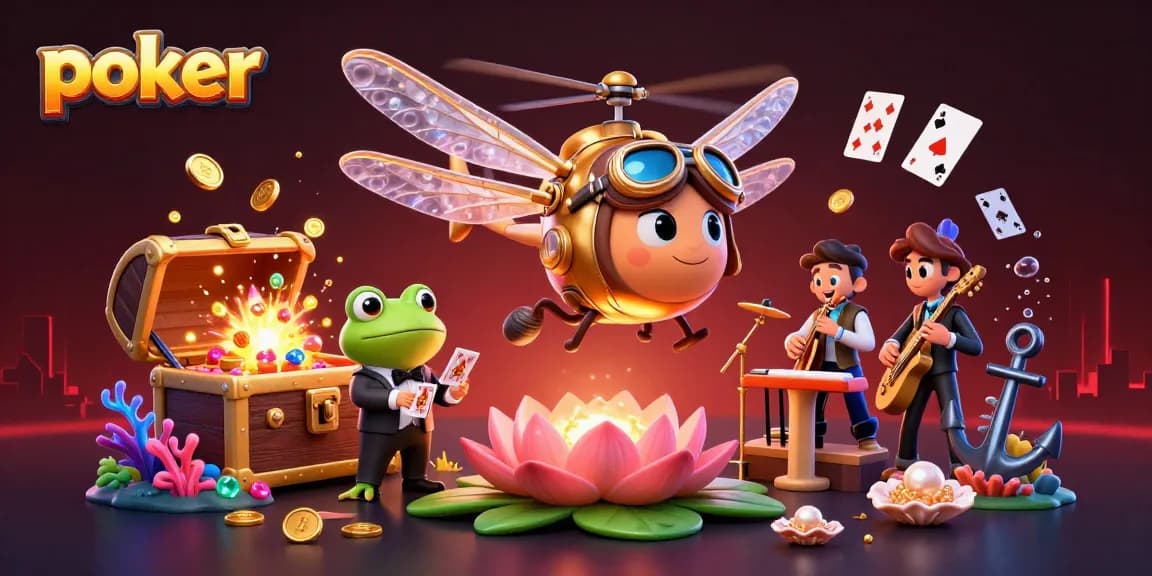 Experience poker action with a dragonfly pilot, frog dealer, and lively jazz band in a vibrant casino scene.