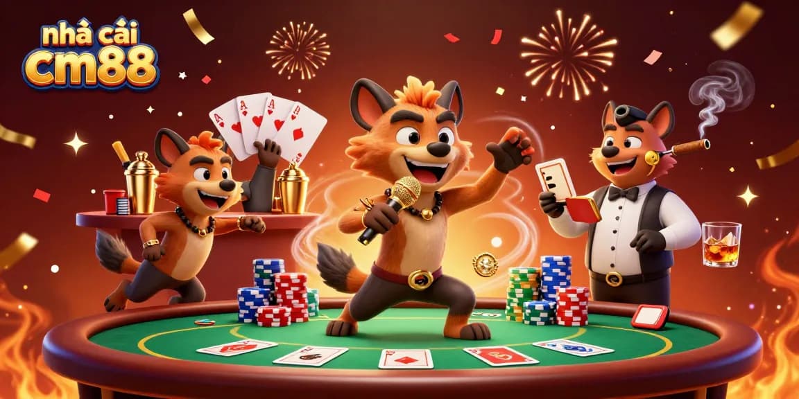 Experience the vibrant atmosphere of nhà cái cm88 with hyenas performing comedy in a dynamic casino scene.