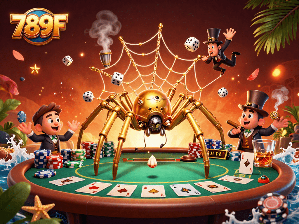 Experience thrilling gaming at 789F with a golden spider capturing dice in an intricate web.