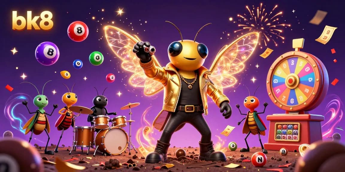 Engage in vibrant bk8 lottery excitement with a 3D illustration of a cicada rock star, colorful balls, and dynamic prizes.