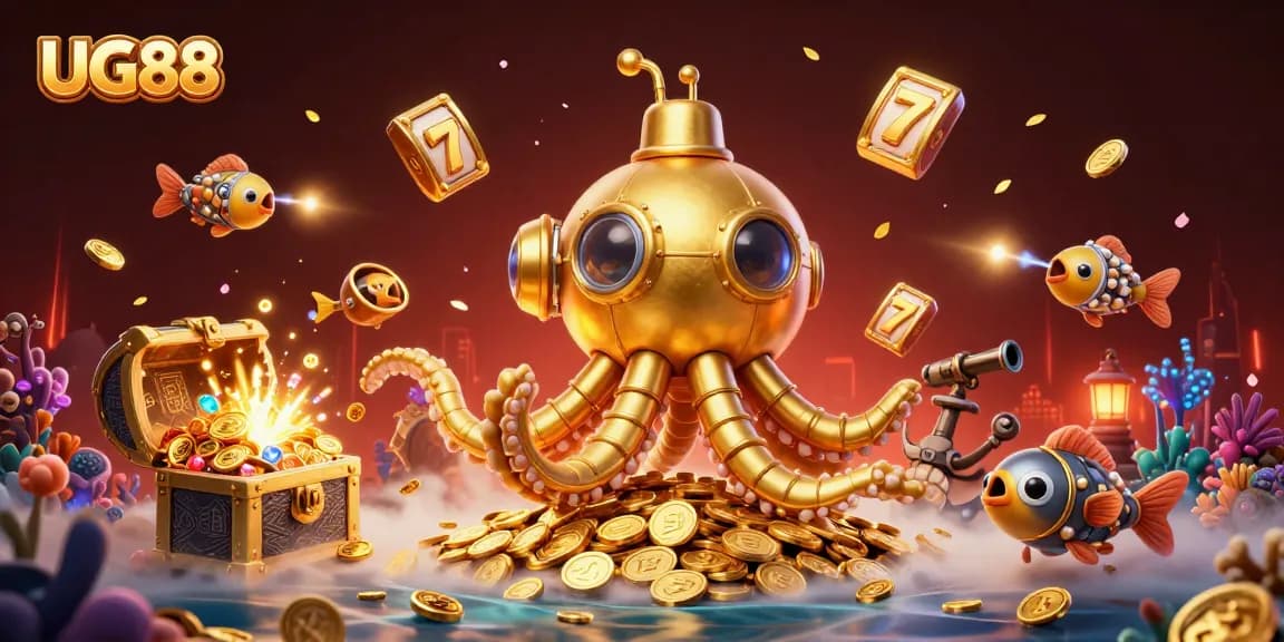 UG88 showcases an exhilarating underwater adventure with a golden kraken submarine amidst casino treasures.