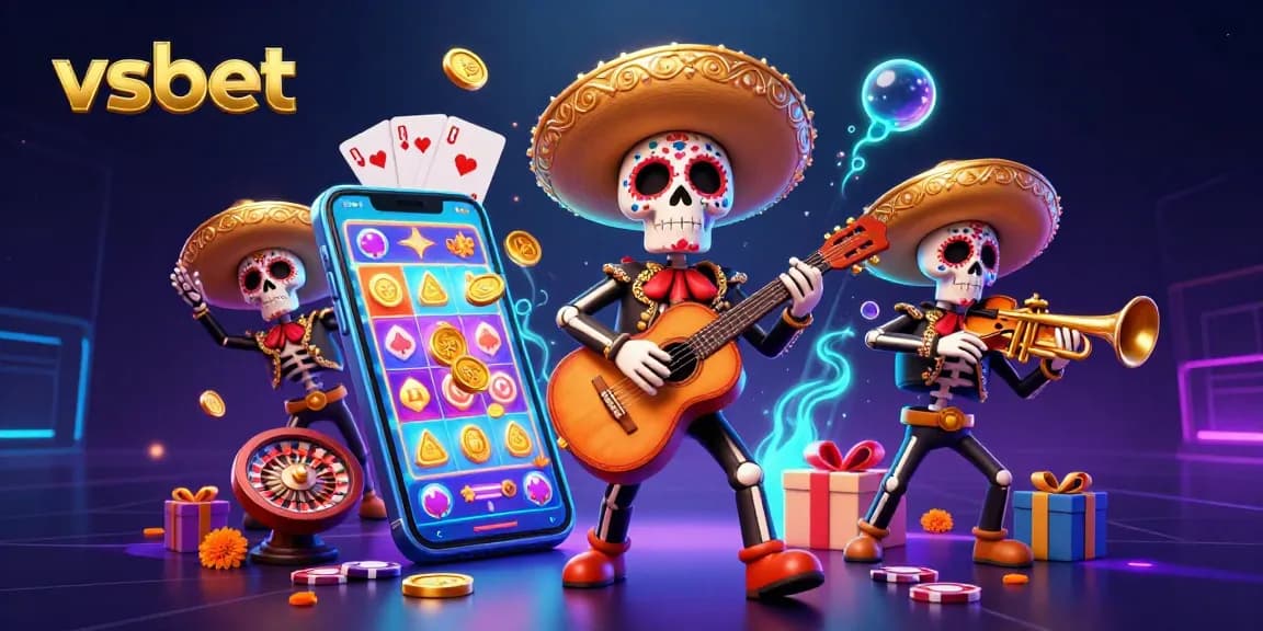 Win big with the vibrant vsbet casino scene featuring mariachi skeletons surrounded by gaming action!