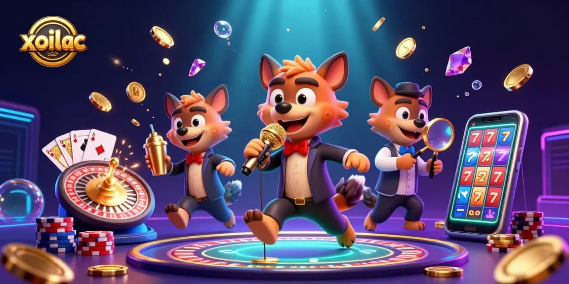 Xoilac delivers an exciting casino atmosphere with hyenas engaging in comedy while surrounded by dynamic gambling elements like coins and roulette.