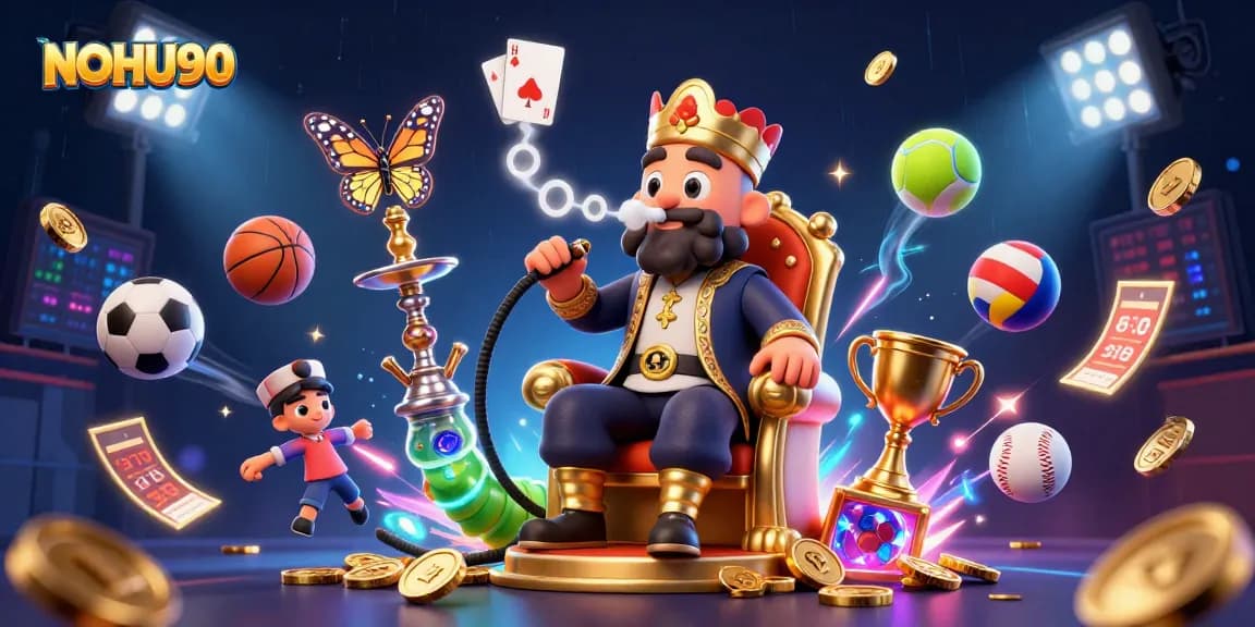 Engage with the vibrant universe of NOHU90 as a whimsical caterpillar character puffs poker symbols in an exciting casino atmosphere.