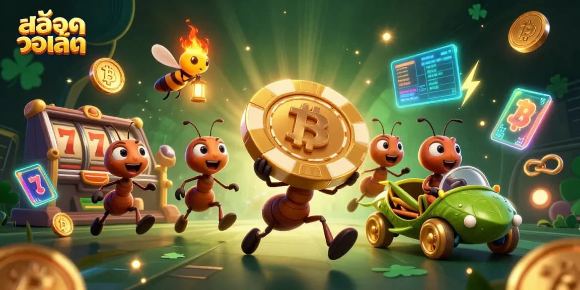 Experience สล็อตวอเลท action with vibrant 3D ants carrying a giant chip in an exciting heist.