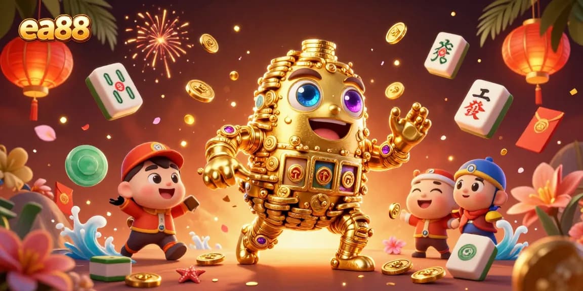 Experience thrilling play at ea88 casino with a dynamic illustration of a golden golem amidst vibrant gaming elements.