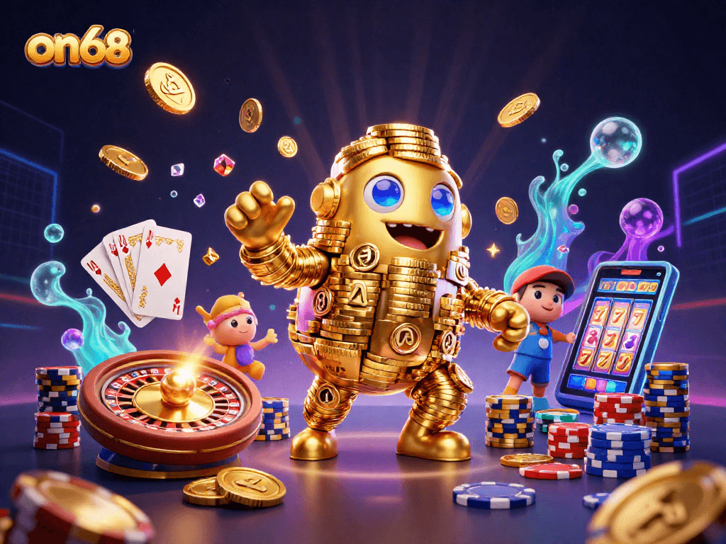 Spin to win with on68 as a golden golem and sparkling casino elements enhance the gaming experience.