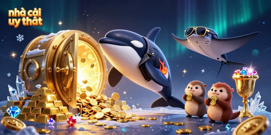 The dynamic scene showcases nhà cái uy tín, featuring a 3D cartoon orca, stingray, and otters surrounded by treasure elements.