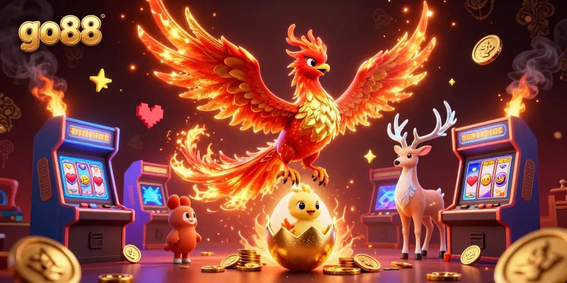Engage with the vibrant world of go88, featuring a phoenix's rise and dynamic casino elements.