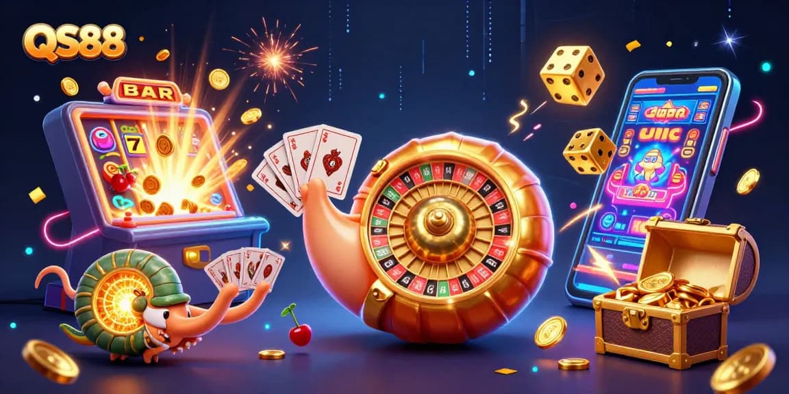 Engage in thrilling gameplay at QS88, showcasing a vibrant illustration of slots, roulette, and lavish casino excitement.