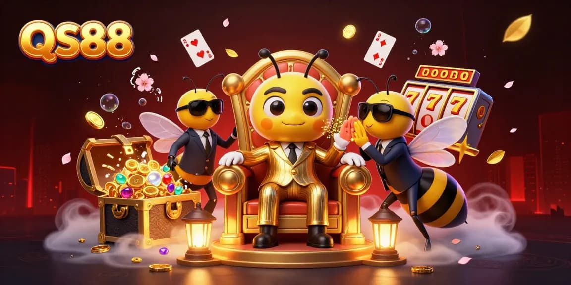 Experience winning with QS88: vibrant casino scene featuring slots, a bumblebee mob boss, and treasure.