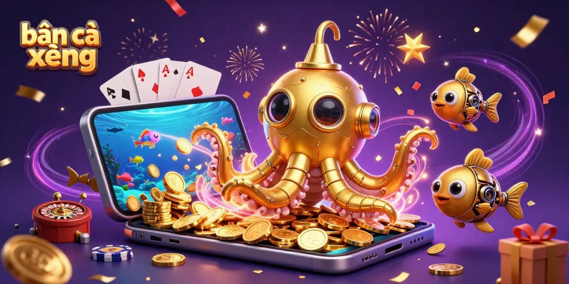 Engage in bắn cá xèng with vibrant kraken and mechanical fish amid golden coins and exciting game elements.