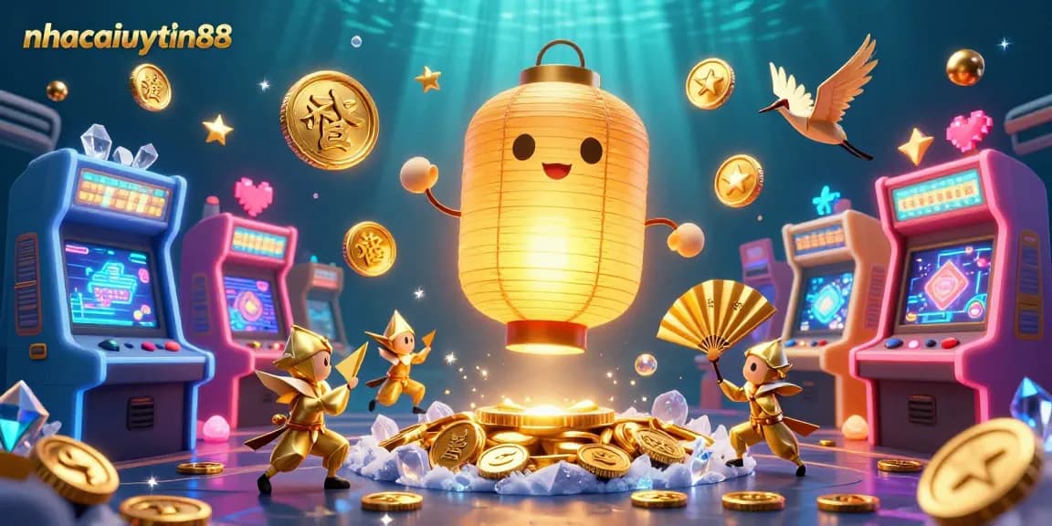 Engage with vibrant casino experiences at nhacaiuytin88, featuring dynamic game machines and glowing lucky symbols.