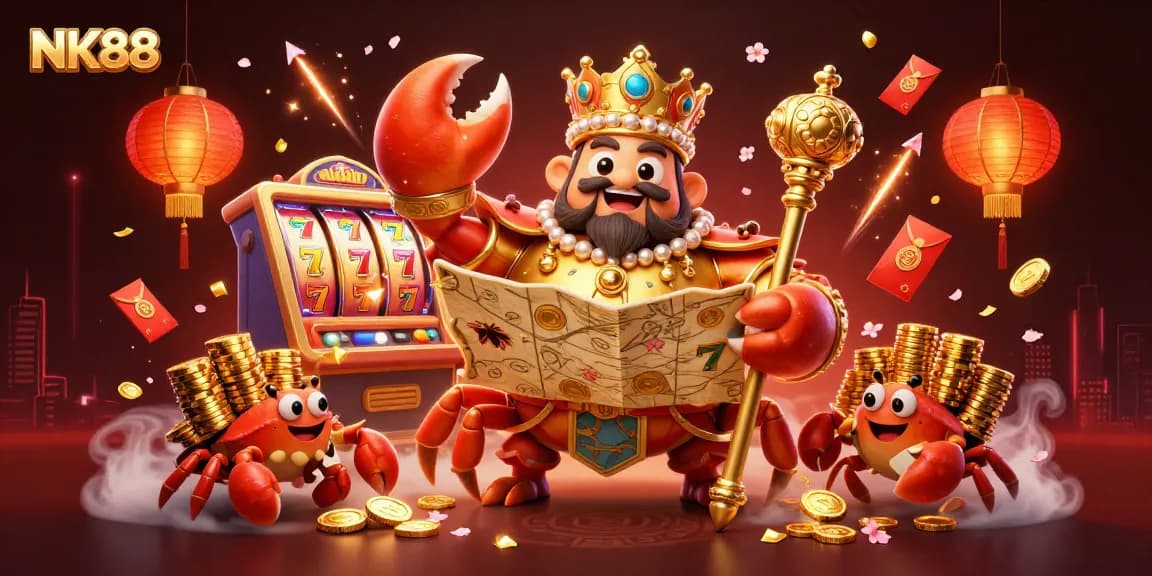 Engage in thrilling gaming with NK88 while exploring a lavish casino scene featuring an emperor crab and festive elements.