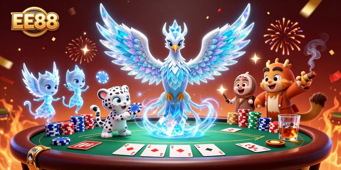 Engage in thrilling poker action at EE88 with a vibrant competition scene featuring a phoenix and playful characters.