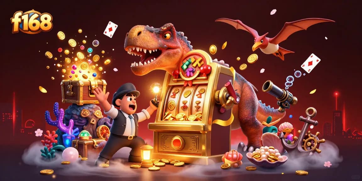 F168's exciting slot machine feature showcases a dinosaur winning jackpot coins in a vibrant casino scene.