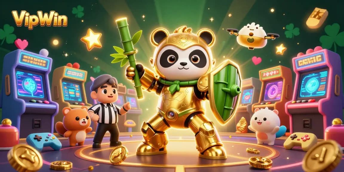 Experience the excitement of VipWin with a thrilling mech-suit panda in a casino arena.