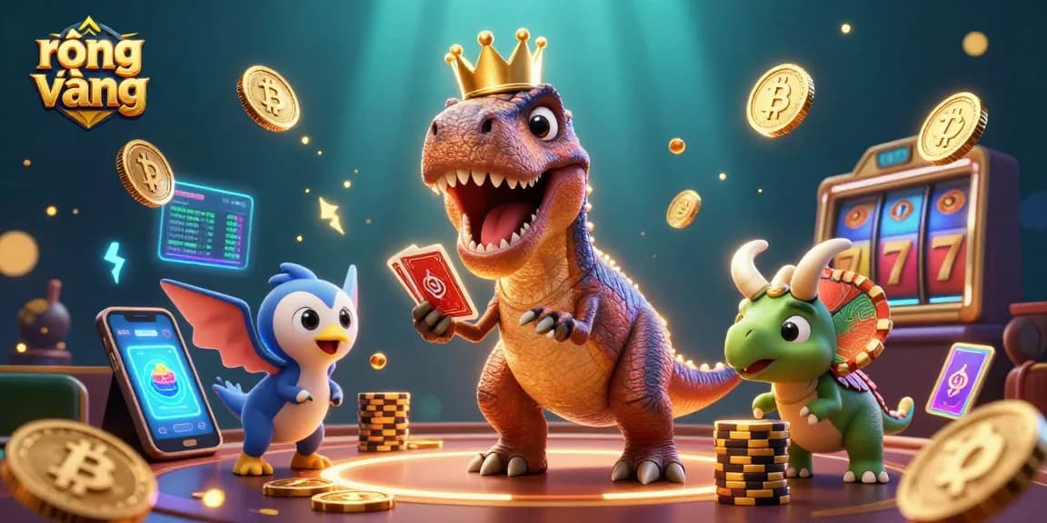 Engage with rồng vàng as a T-Rex shuffles cards in a vibrant casino scene filled with crypto elements.