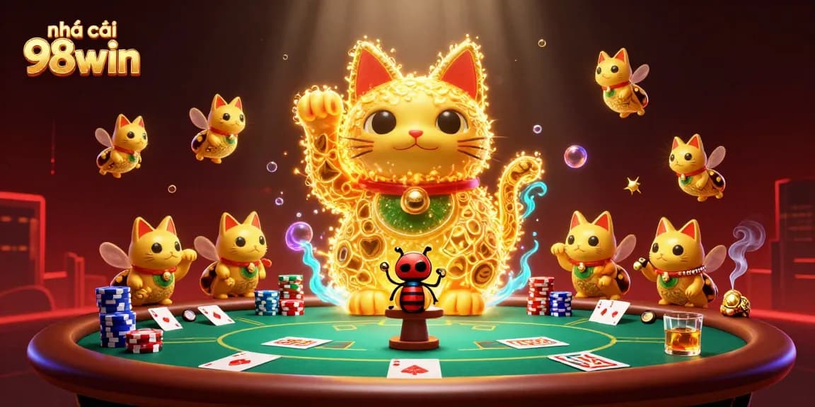 Experience excitement at nhà cái 98win with vibrant 3D illustration of casino elements and lucky cat symbols.