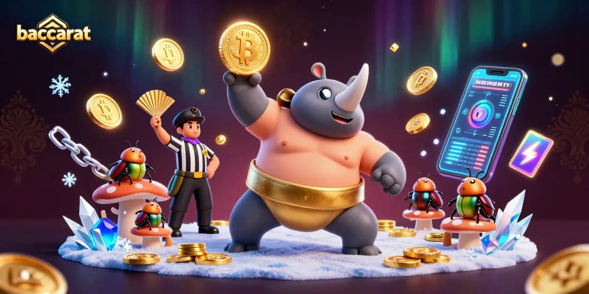 Baccarat game scene showcasing a sumo champion beetle with golden coins, captivating for online gamblers.