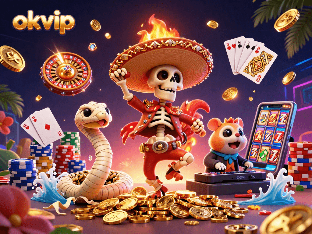 Raise your stakes with OKVIP in a vibrant 3D casino scene filled with golden coins and excitement!