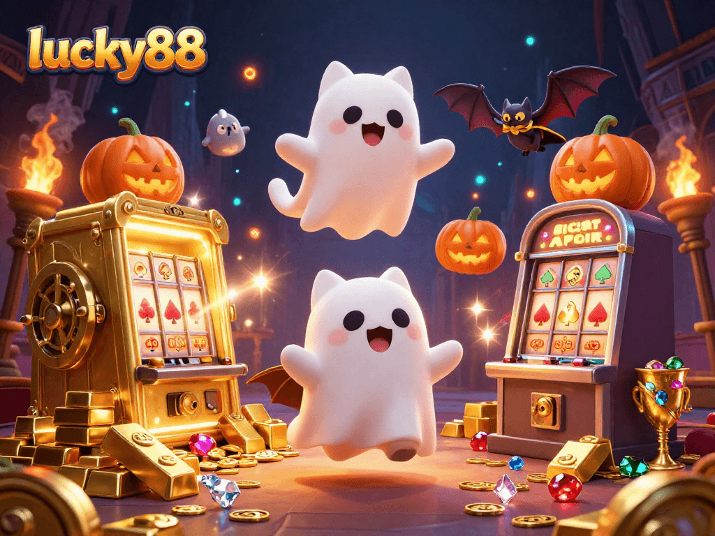Join the excitement of lucky88 as the ghost cat and bat explore a vibrant casino under mystical lights.