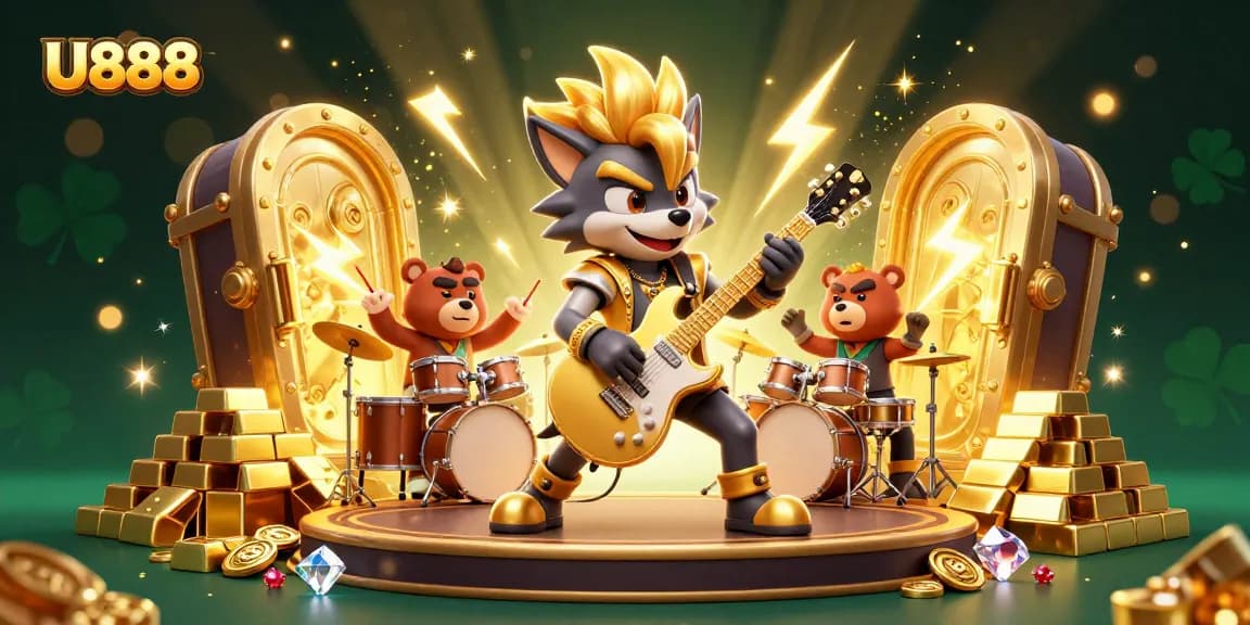 U888 depicts thrilling interactions on stage, featuring captivating rock star elements amidst dazzling casino treasures.