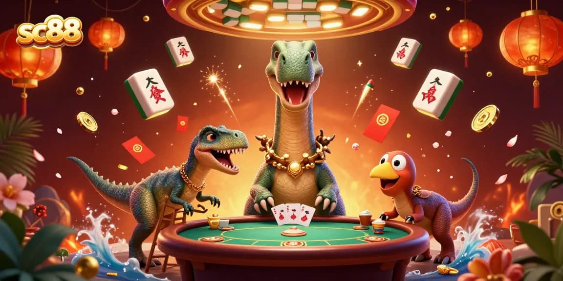 Experience thrilling gaming action with sc88, featuring a majestic brontosaurus and clever raptor in a vibrant casino scene.