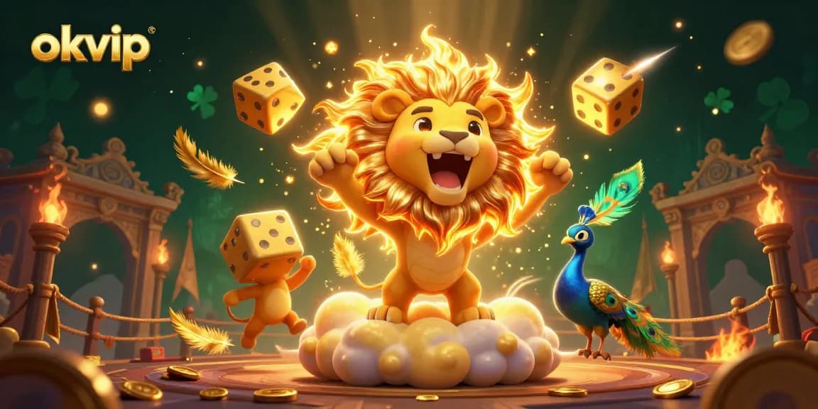 Engage with okvip's vibrant online casino world through this dynamic illustration featuring lively characters and elements.