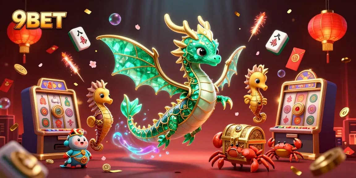 Engage with 9BET's vibrant gambling scene featuring an emerald sea dragon and animated slot elements.