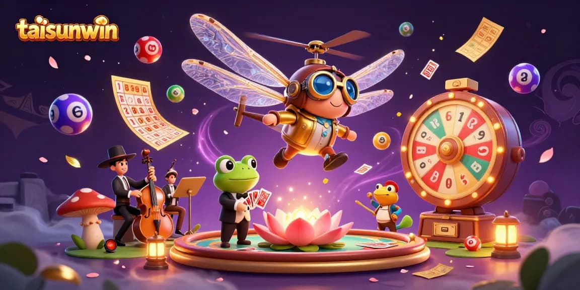 Engage in exciting gameplay at taisunwin with a vibrant 3D scene showcasing dragonfly pilots and frog croupiers.