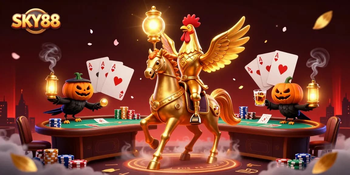 Experience thrilling luck at SKY88 with a golden rooster and spectral horse in an enchanting casino.