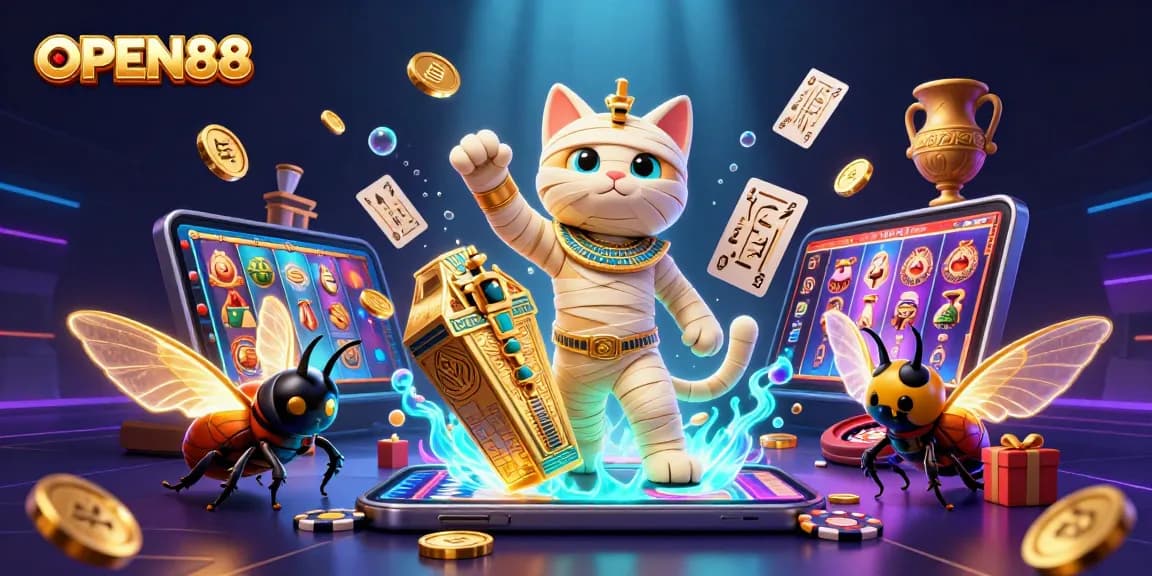 Experience thrilling gaming with OPEN88, vibrant 3D casino illustration showcasing excitement in online betting.