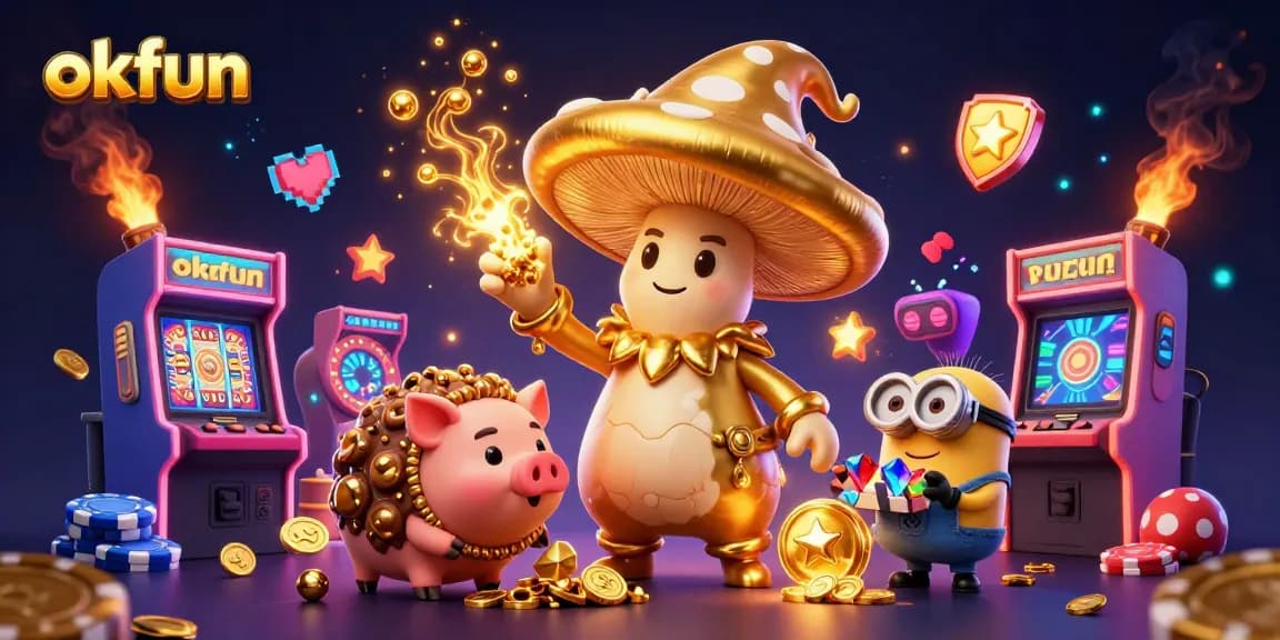 Experience okfun's magical gaming atmosphere with a 3D golden mushroom wizard and treasure-seeking themes.
