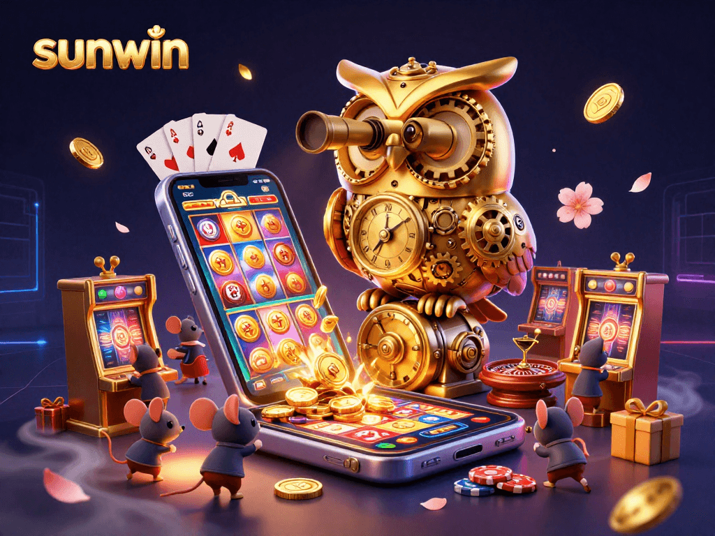 Experience the excitement of sunwin with golden coins, slot games, and lively casino scenes.