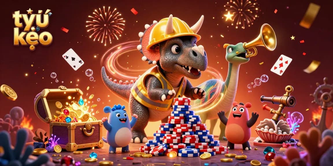 Tỷ lệ kèo offers a dynamic scene with characters celebrating a gambling victory amid rich casino elements and vibrant visuals.