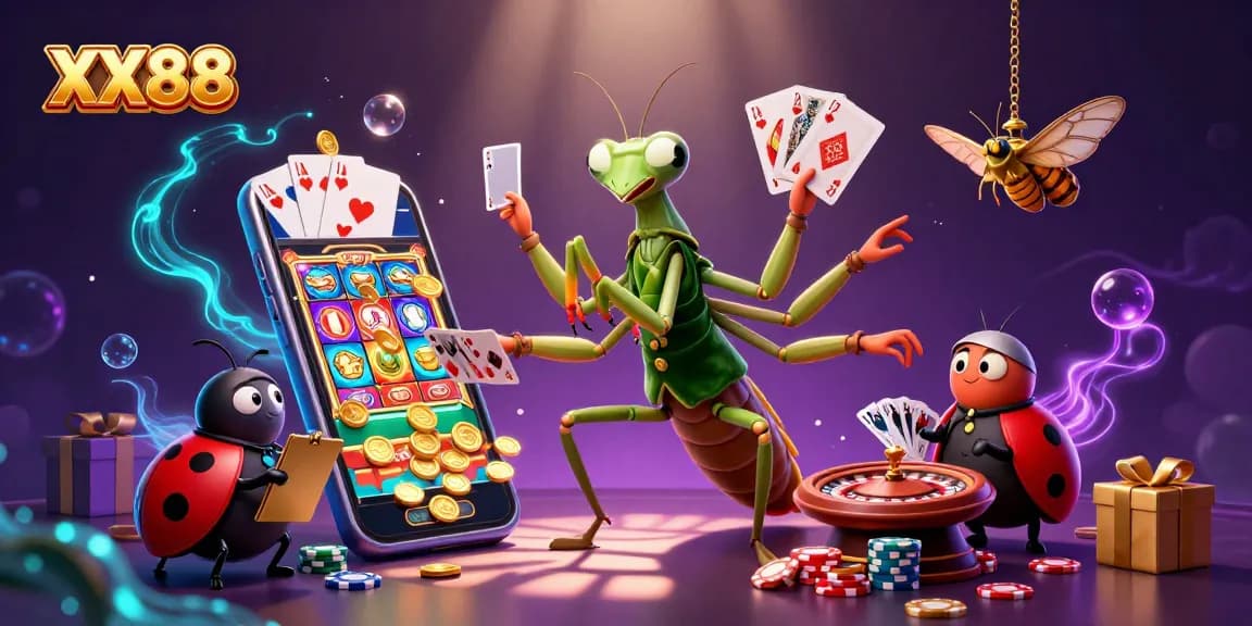 XX88 casino scene with a giant mantis card sharp, ladybug pit boss, and rich gambling elements.