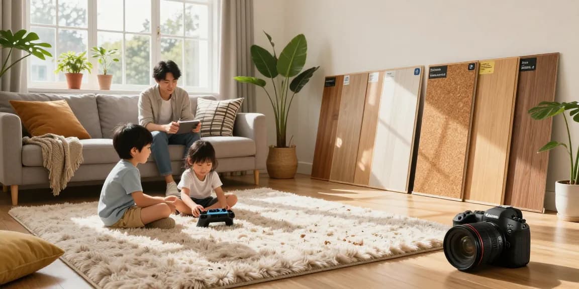 Top acoustic flooring options for UK homes highlighted in a cozy family living space with sunlight and comfort.