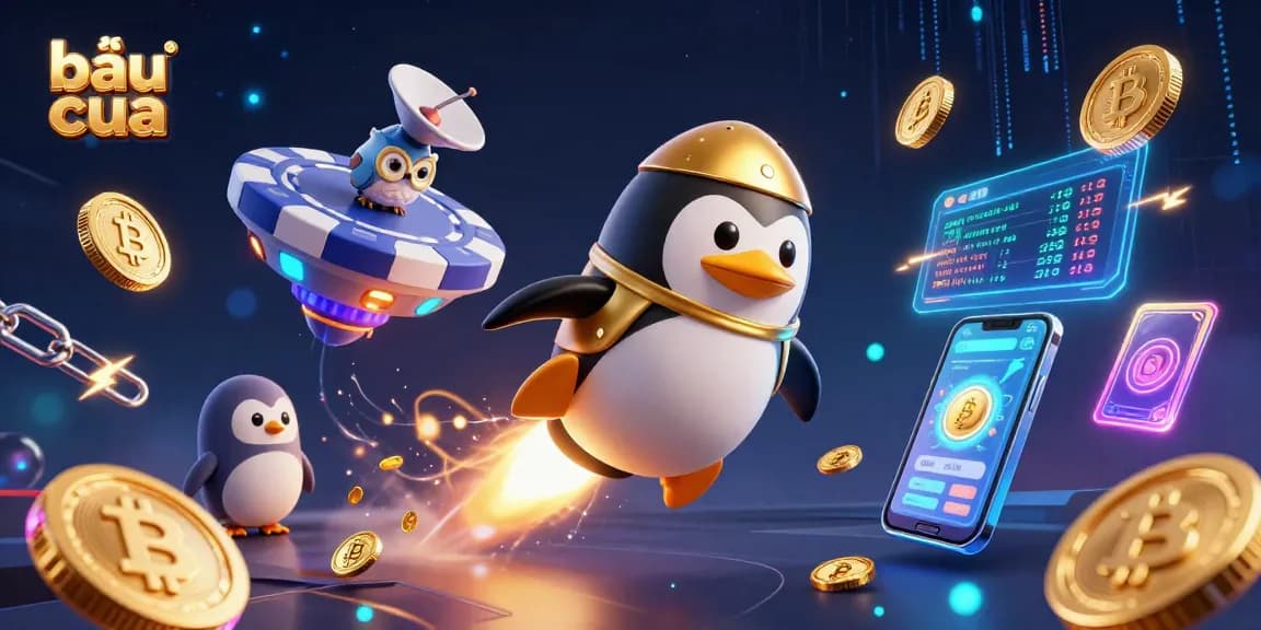 Play bầu cua with a dynamic 3D illustration of a golden penguin and casino elements.