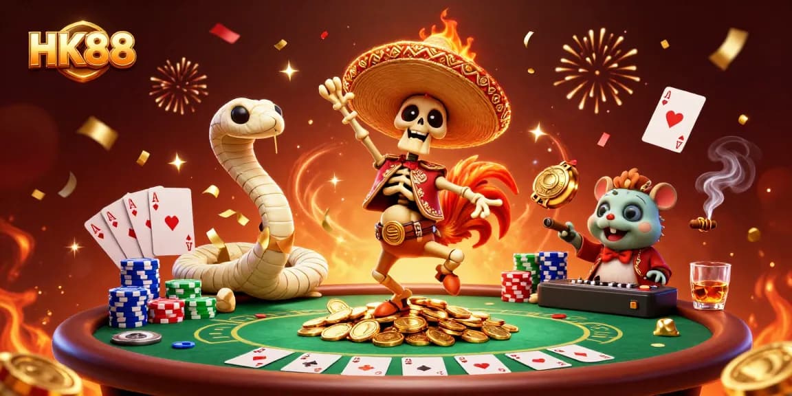 Experience thrilling gaming at HK88 with vibrant characters, poker elements, and a festive atmosphere.