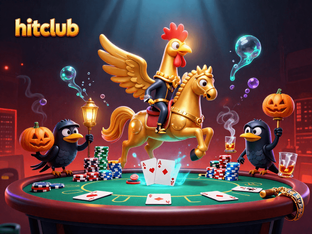 Hitclub poker adventure featuring a golden rooster and spectral horse in a vibrant casino scene