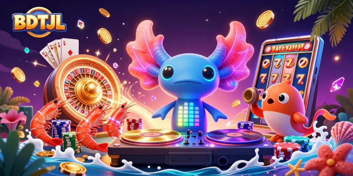 Engage with the vibrant world of BDTJL, where a neon axolotl DJ spins golden records underwater amidst dazzling casino elements.