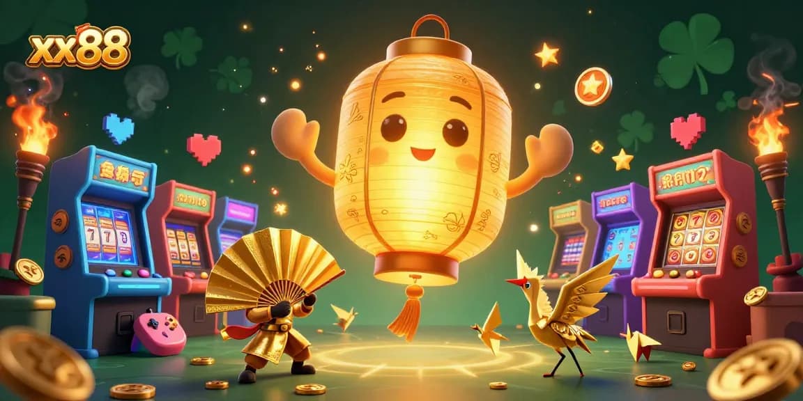 Spin the reels at xx88's vibrant casino with a golden lantern spirit and fan warriors.
