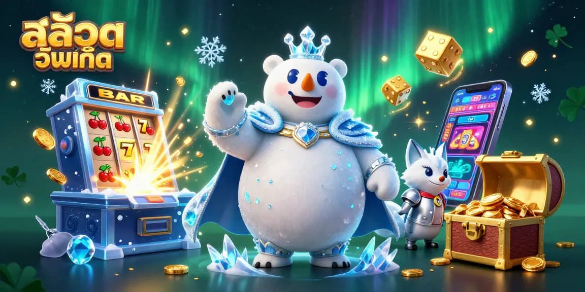 Experience the excitement of สล็อตอัพเดท with colorful casino games and jackpot explosions in this vibrant illustration.
