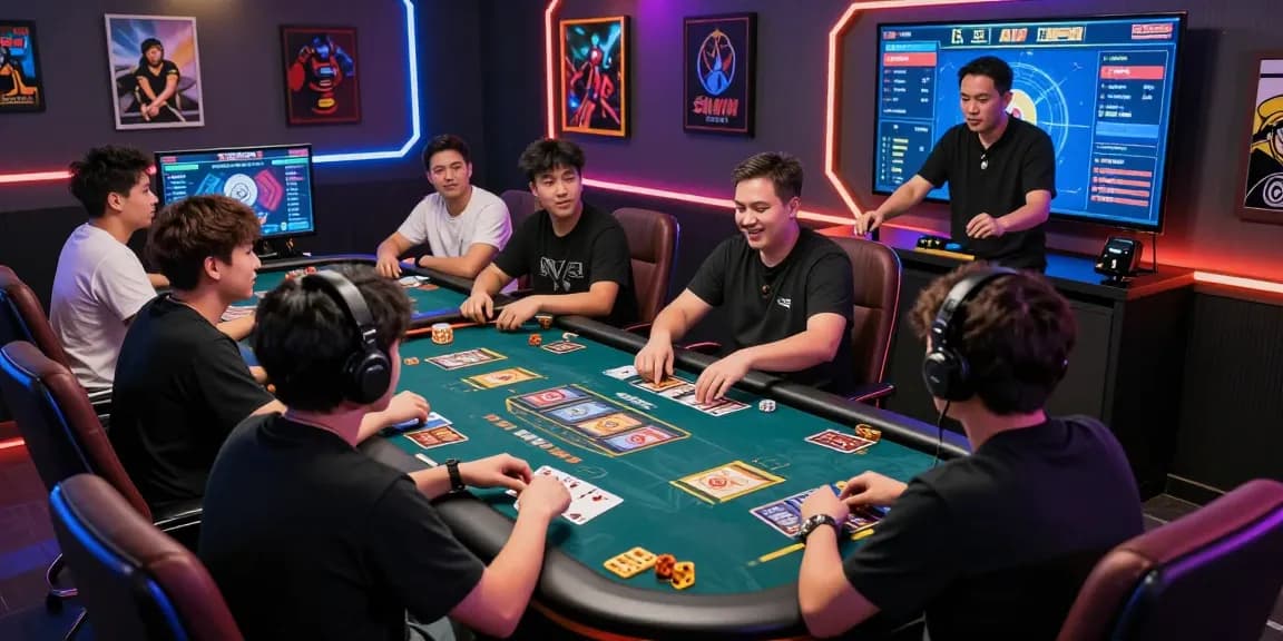 Sunwin players enjoying an engaging online card game with vibrant atmosphere and digital screens