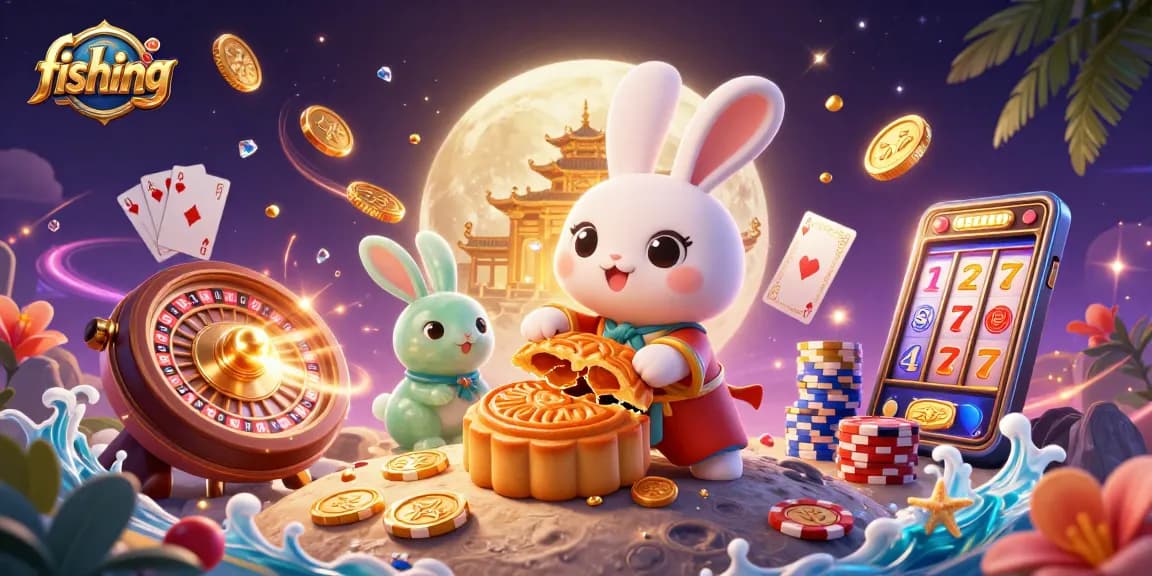 Fishing rabbit plays poker with mooncakes, coins, and roulette elements showcasing vibrant casino action.